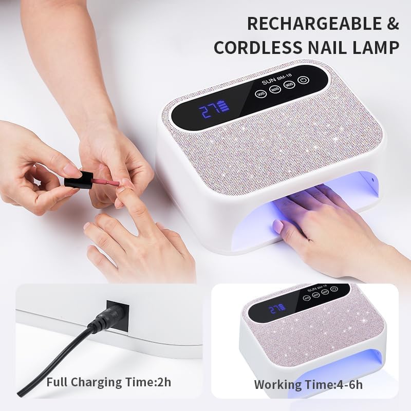 Cordless UV Nail Lamp, 268W Rechargeable UV Gel Nail Light, Sparkling Rhinestones Diamond UV Light, Professional Fast Curing Nail Dryer with 4 Timers Touch Control Auto Sensor for Salon & Home