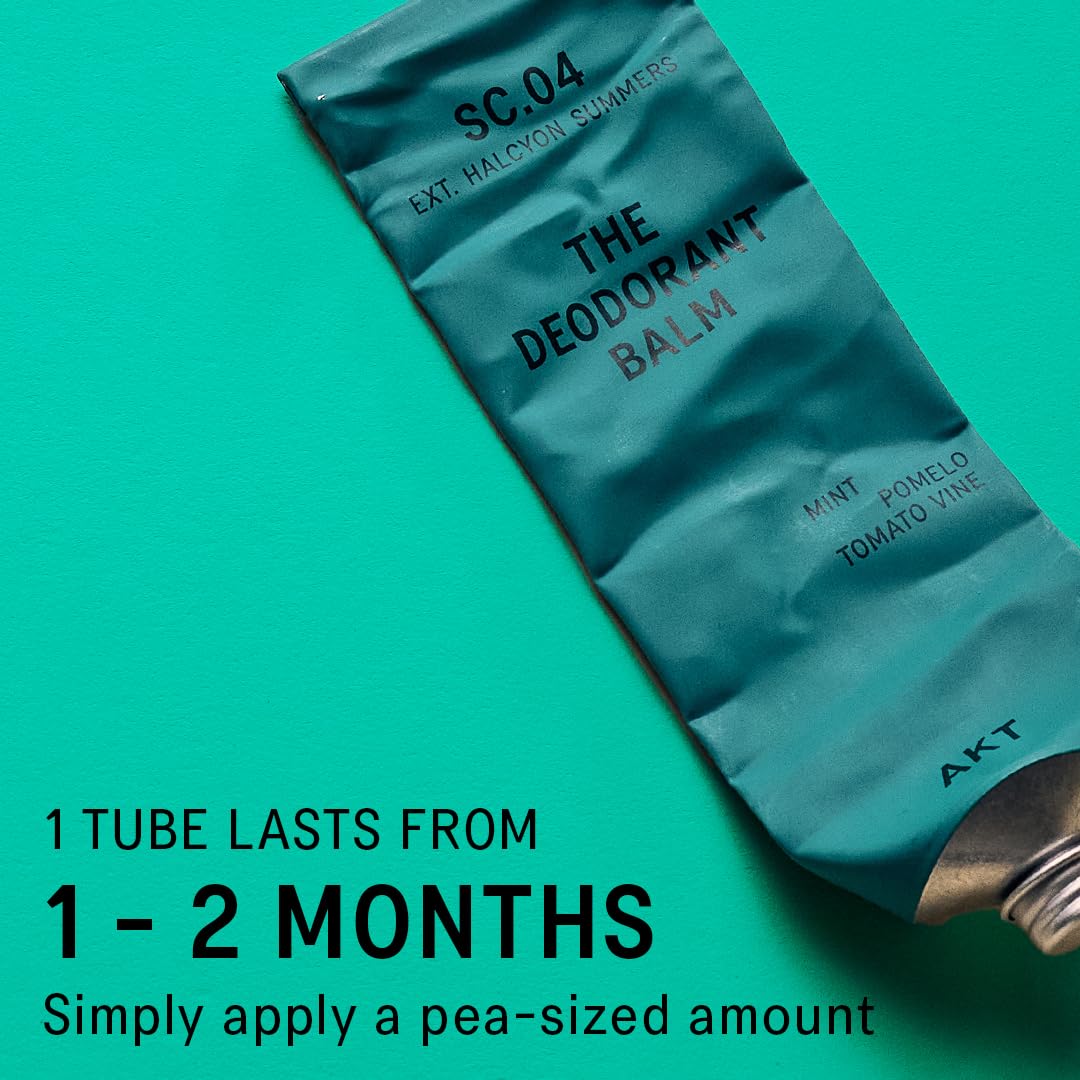 AKT, THE DEODORANT BALM. Award winning, multi-use, natural deodorant. Plastic Free. Gender Free. Aluminium Free. 100% effective — 1 tube lasts up to 3 months. SC.04 HALCYON SUMMERS. 50ml/1.76 FL.OZ