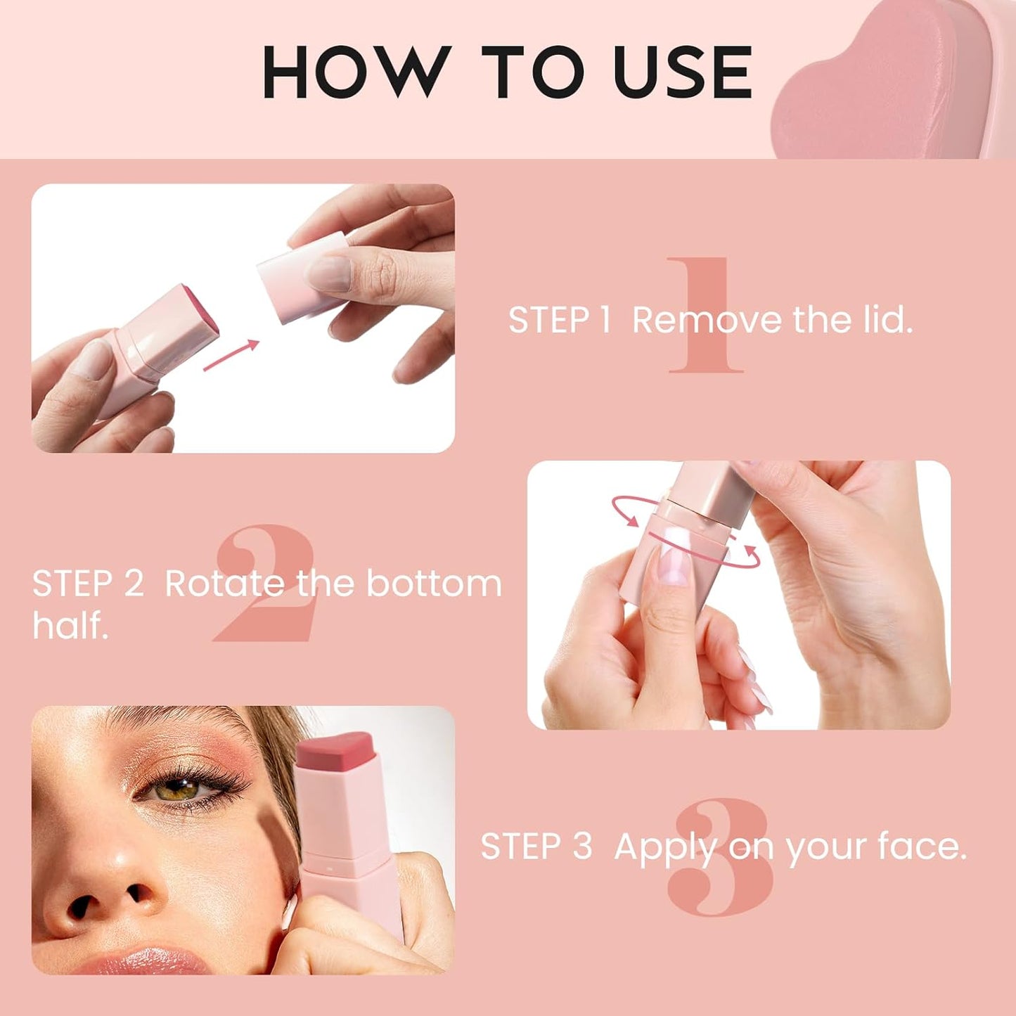 Blush Stick for Cheeks, Cream Blush with Heart-shaped, Blush Face Stick Multi-Use Lip and Cheek Tint, Waterproof Lightweight Easy to Blend Cream Blusher Makeup - Candy Rose