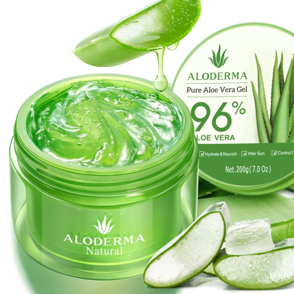 Aloderma Organic Aloe Vera Gel for Face & Body, 96% Pure Aloe Gel Made within 12 Hours of Harvest, Ideal for Skin, Scalp, & Hair Hydration, Calming Moisturizer for Soothing After Sun Care, 7.05oz
