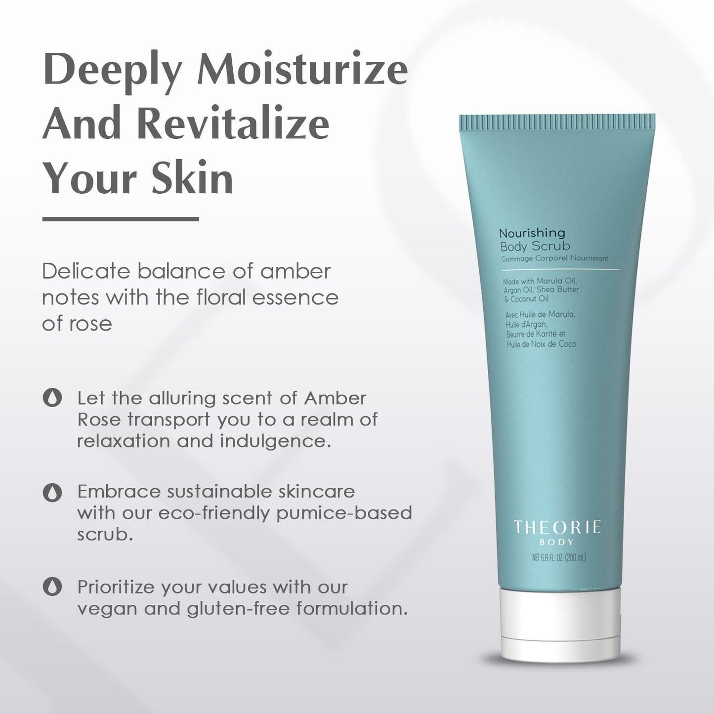 Theorie Nourishing and Exfoliating Body Scrub - Made with Marula, Argan, Coconut Oil, Shea Butter & Vitamin E, Amber Rose Fragrance. Eco-Friendly Pumice, Vegan, Gluten Free, Cruelty Free 200mL Tube