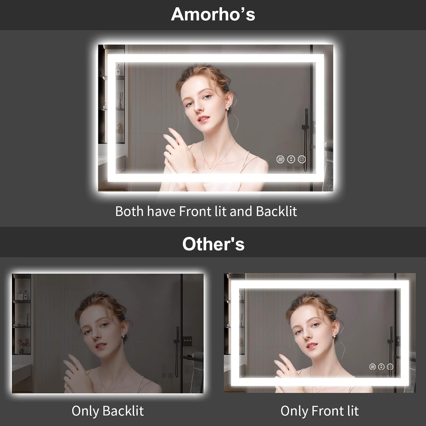 Amorho LED Bathroom Mirror 60'' X40'' with Front and Backlight, Large Dimmable Wall Mirrors with Anti-Fog, Shatter-Proof, Memory, 3 Colors, Double LED Vanity Mirror