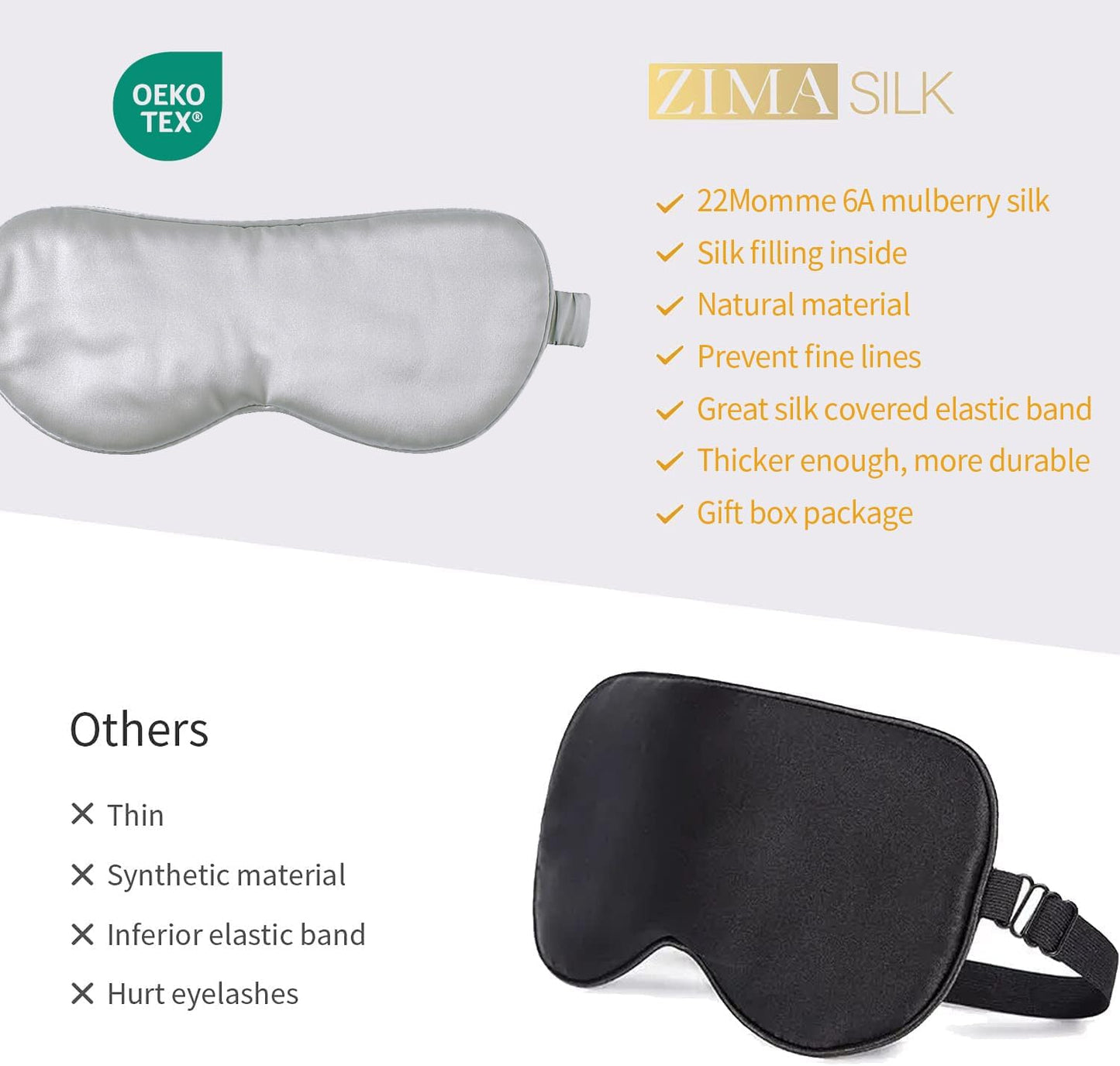 ZIMASILK Adjustable 100% 22 Momme Mulberry Silk Sleep Mask for Sleeping, Filled with Premium Mulberry Silk, Softest & Breathable Eye Sleeping Mask (Light Grey)