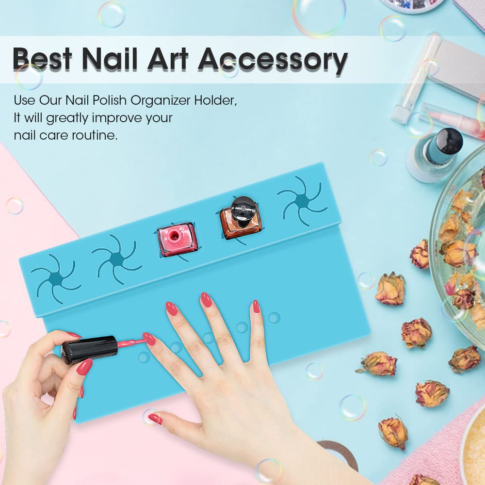 Nail Polish Holder, Silicone Hand Rest Mat Fingernail Painting Tools 2 in 1 Art Accessories Organizer Case Set with Anti-Spill Bottle Stand and Finger Separators for Pedicure Manicure-Blue