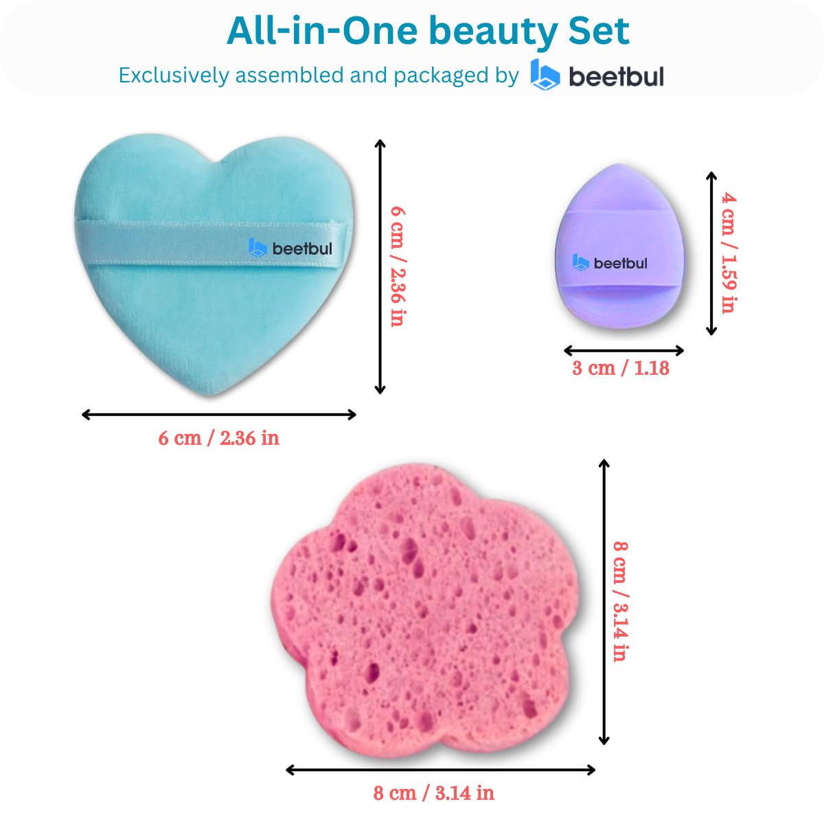 Beetbul Makeup & Exfoliation Kit - Bissú Compact Powder + 1 Medium Velvet Puff + 2 Finger Puffs + 1 Facial Exfoliating Sponge (06 Natural Beige, One Size)