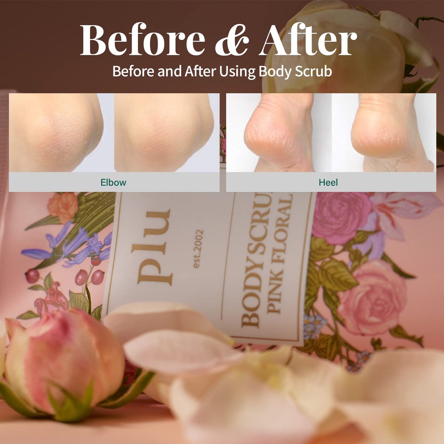 PLU Korean Walnut Body Scrub Pink Floral with Manuka Honey - Exfoliating & Moisturizing & Firming Glow - for Acne, Cellulite, Stretch Marks, Spider Veins, Fresh & Elegance Rose Scent 6.76 oz.