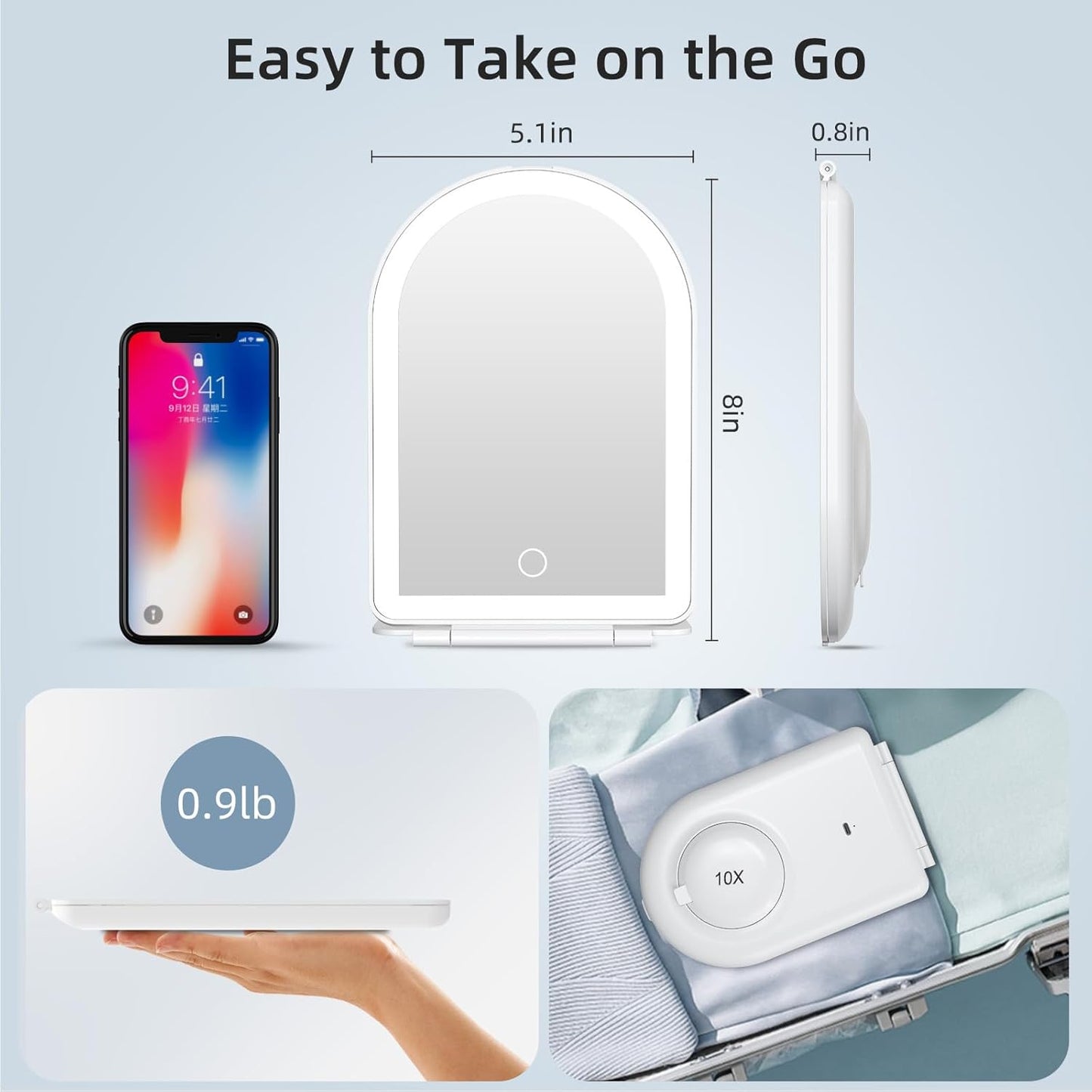 FUNTOUCH Rechargeable Travel Makeup Mirror with Lights,Portable Lighted Compact Mirror with Small 10X Magnification,3 Color Lighting, Dimmable Touch Screen, Tabletop LED Folding Cosmetic Vanity Mirror