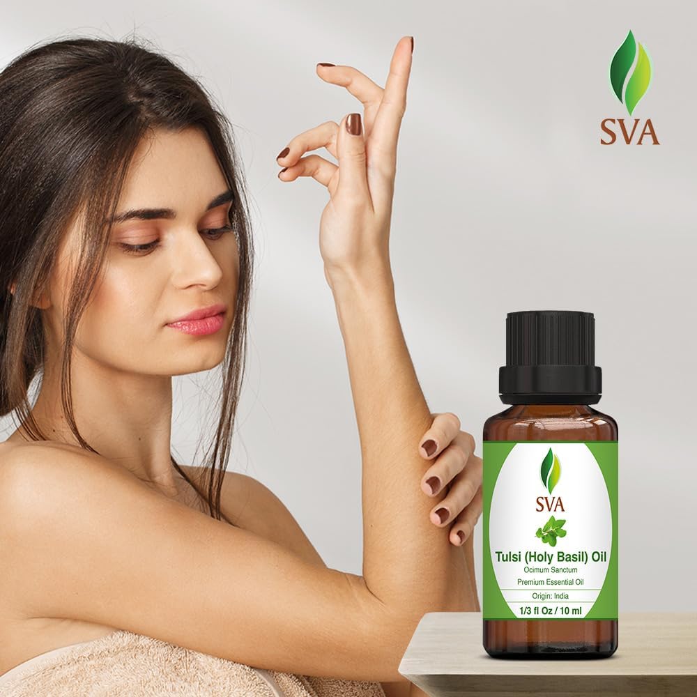 SVA Holy Tulsi Essential Oil – 1/3 Fl Oz – 100% Natural Tulsi Oil - for Diffuser, Hair Care, Face, Skin Care, Aromatherapy, Scalp and Body Massage, Soap and Candle Making