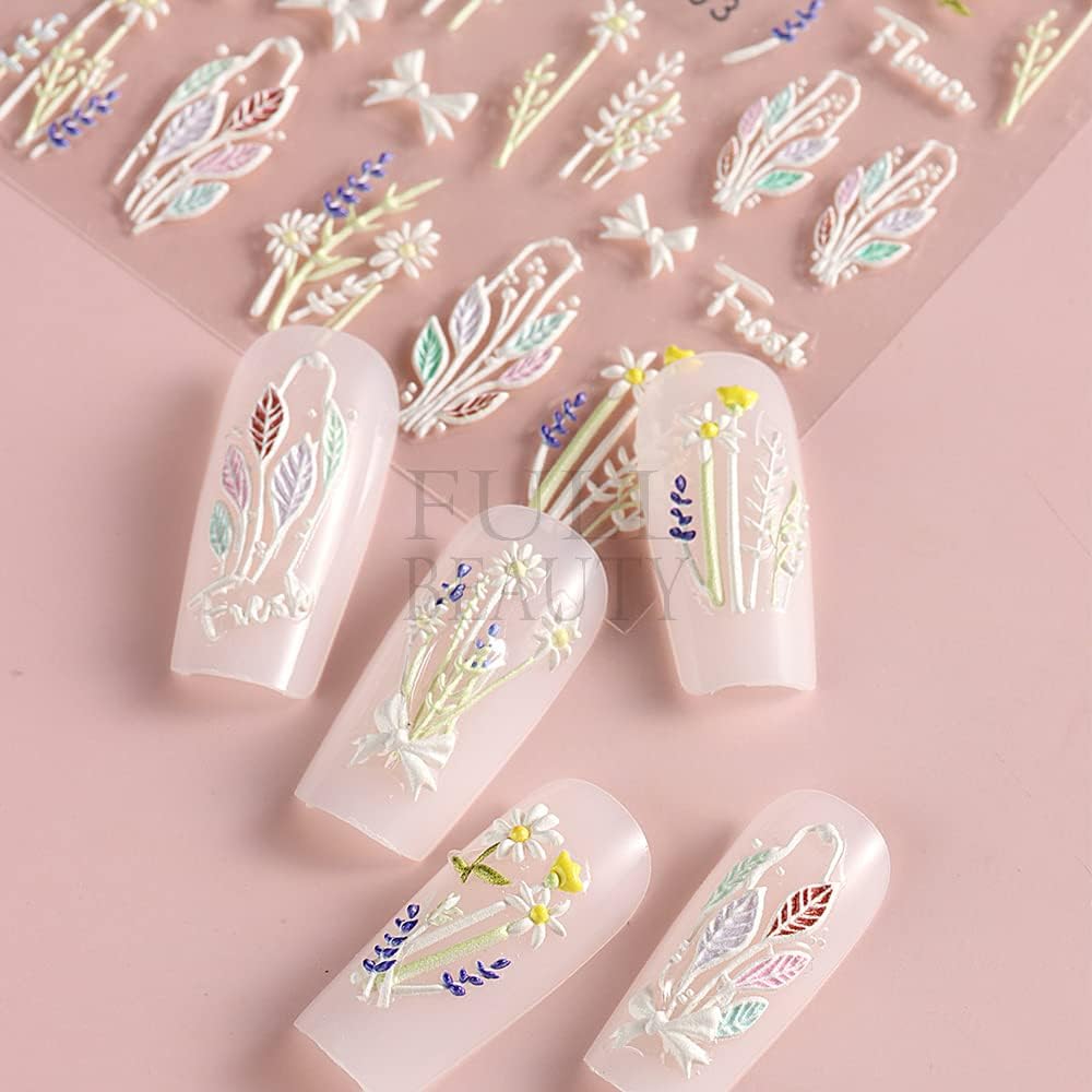 5D Nail Art Stickers 4 Sheets Pink Flowers Geometric Lines Decor Acrylic Embossed Sliders Gold Strips Decals Charms Cherry Blossom Manicure Accessories