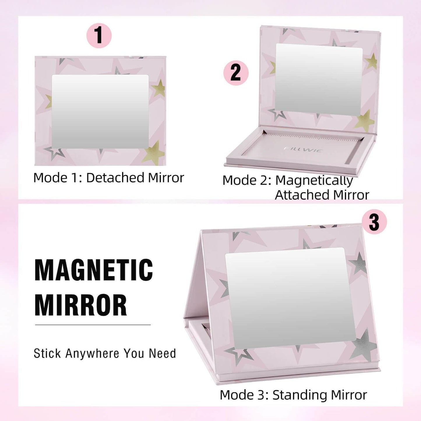 Magnetic Empty Makeup Palette with Mirror – Customizable Refillable Case for Eyeshadow, Blush, Lipstick, Highlighter – Lightweight, Waterproof, with Spatula & 20 Metal Stickers (Pink, Medium)