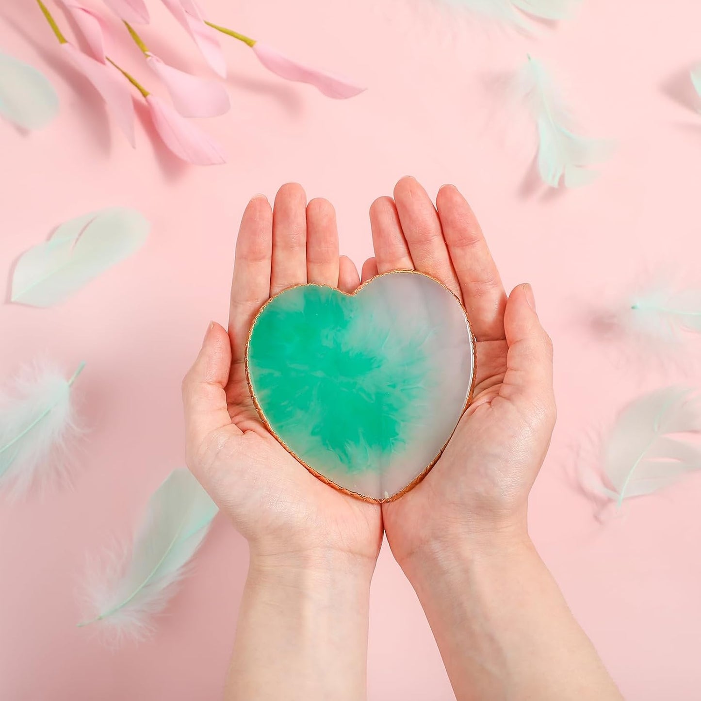 Sibba Resin Nail Art Palette Nail Mixing Palette Polish Color Mixing Plate Golden Edge Nail Holder Display Board Heart Shape Cosmetic Mixing Tools (Green)