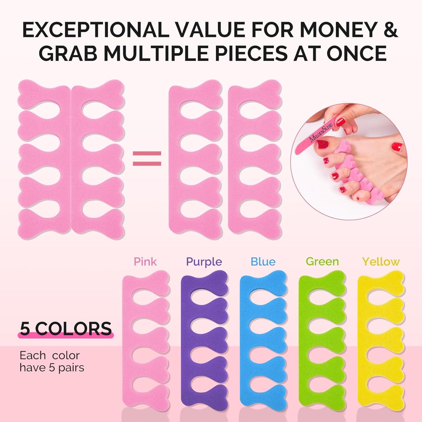 MelodySusie 50 Pcs Sponge Toe Separators Set, Soft & Premium Finger, Toe Spacers for Nail Polish, Manicure, Pedicure Home DIY Salon, Gift for Women Men, 5 Colors