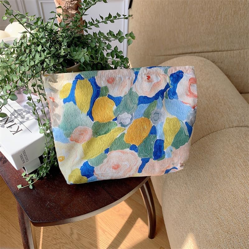 PAZIMIIK Floral Makeup Bag Large Cotton Zipper Pouch for Purse Travel Canvas Make Up Organizer for Women Cosmetic,Garden Blue