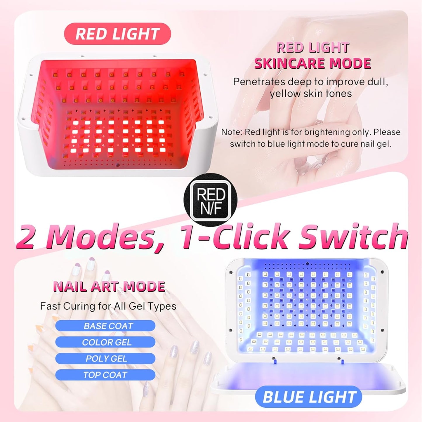 UV LED Nail Lamp, UV Light for Gel Nails with 140 LED Beads, Fast Curing Professional Nail Dryer, Two-Hand Design, Red Light Skincare, Auto Sensor, LCD Display, 4 Timers for Fingernails & Toenails