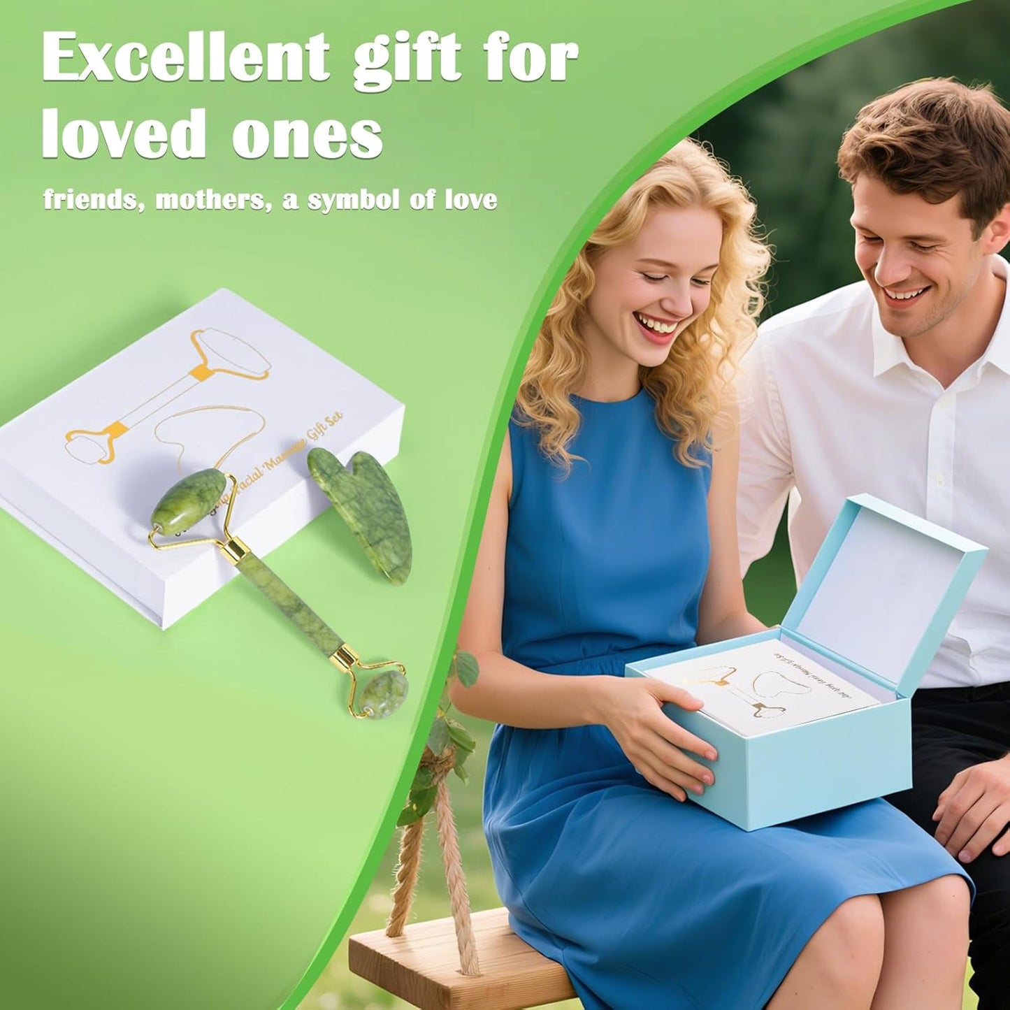 Natural Jade Roller & Gua Sha Set for Face, Facial Massager Tool for Skin Tightening, Anti-Aging, Puffiness Relief, Lymphatic Drainage - Spa Skincare Gift Set for Women