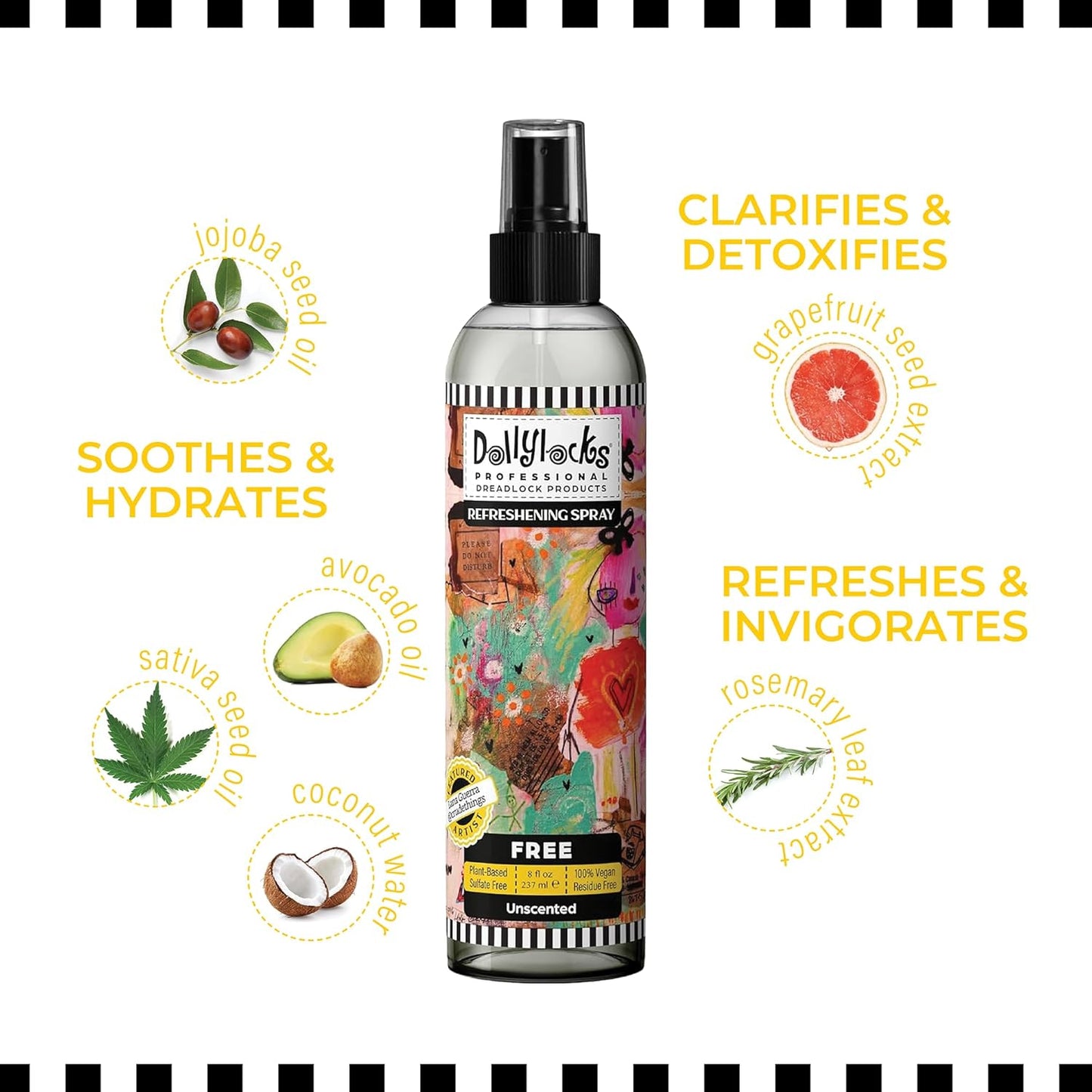 Dollylocks Refreshening Spray – Residue-Free Dreadlock & Loc Moisturizer Spray, Plant Based Deodorizer & Conditioner for Dreads, Vegan & pH-Balanced (Free Scent, 8oz)