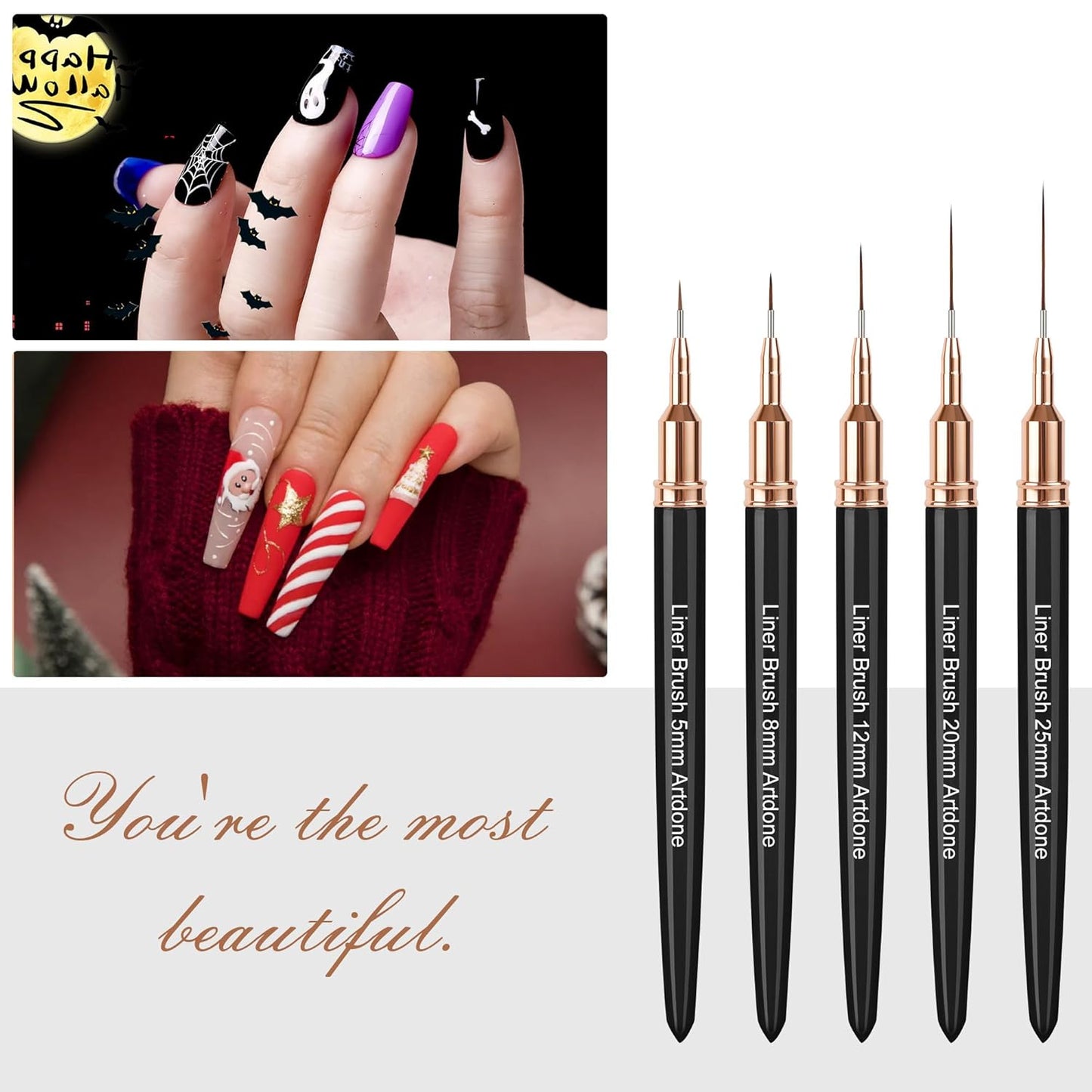 Artdone Metallic Nail Art Pens, Liner Brushes Set, 5PCS Black Color Nail Tools For Long Lines, Thin Details, Fine Drawing, Liner Brush UV Gel Polish Painting Nail Design Sizes 5/8/12/20/25mm