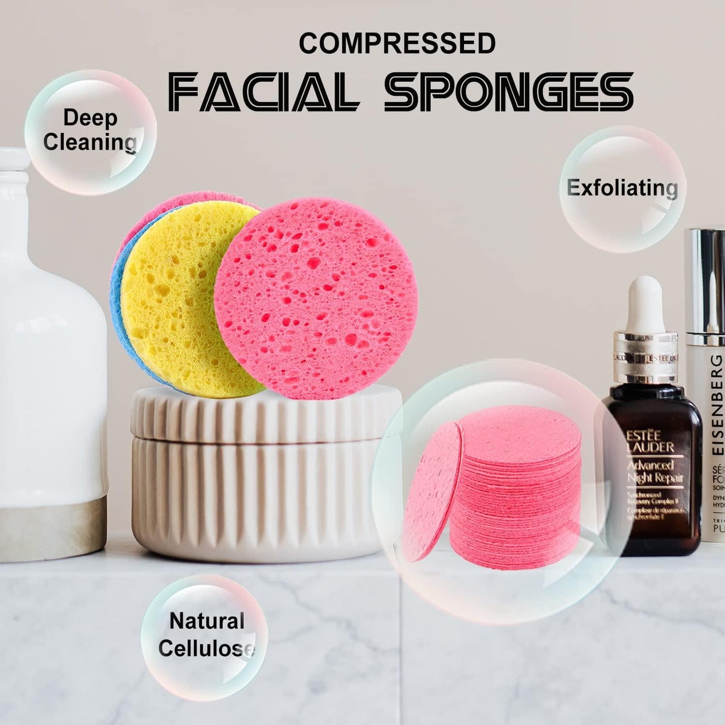 50-Count Facial Sponges Compressed Natural Cellulose Sponge Round Shape Face Sponge for Face Cleansing Exfoliating and Makeup Removal, Yellow
