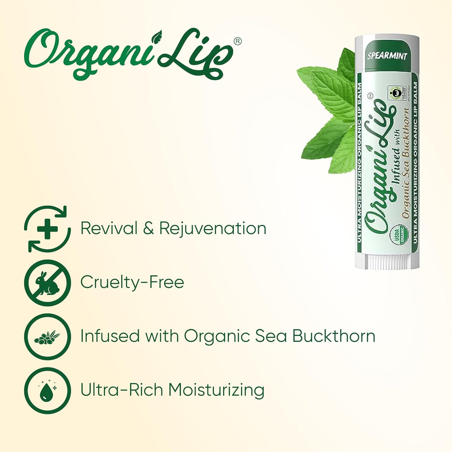 Organic Lip Balm, Spearmint Flavor, Ultra Hydrating Lip Moisturizer for Dry Lips, Oval Shaped Tube, USDA Certified Organic, 3 Pack - OrganiLip
