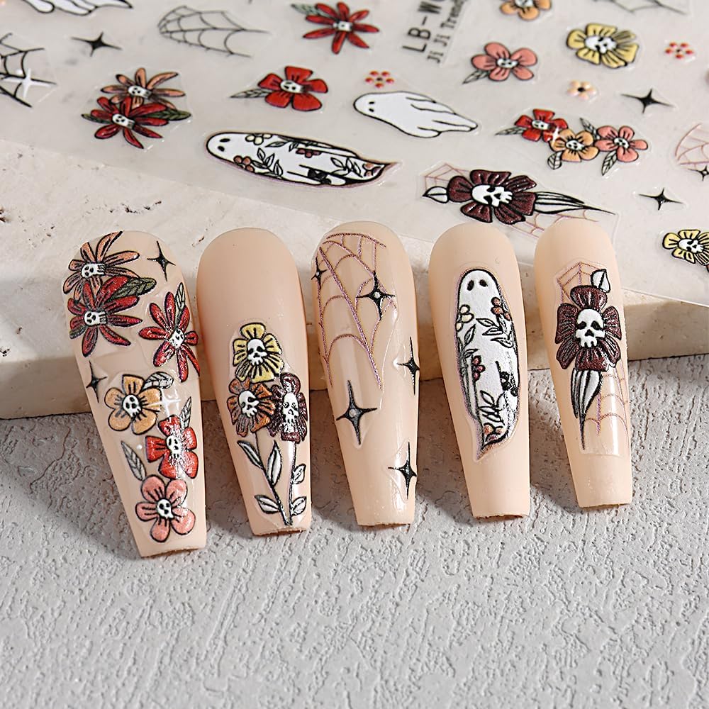 5 Sheets Halloween Nail Art Stickers Horror Ghost Self-Adhesive Embossed Flower Skull Nail Decals - with Cute Sunflower Strawberry Spider Ghost Designs for Women Girls DIY Nail Decoration