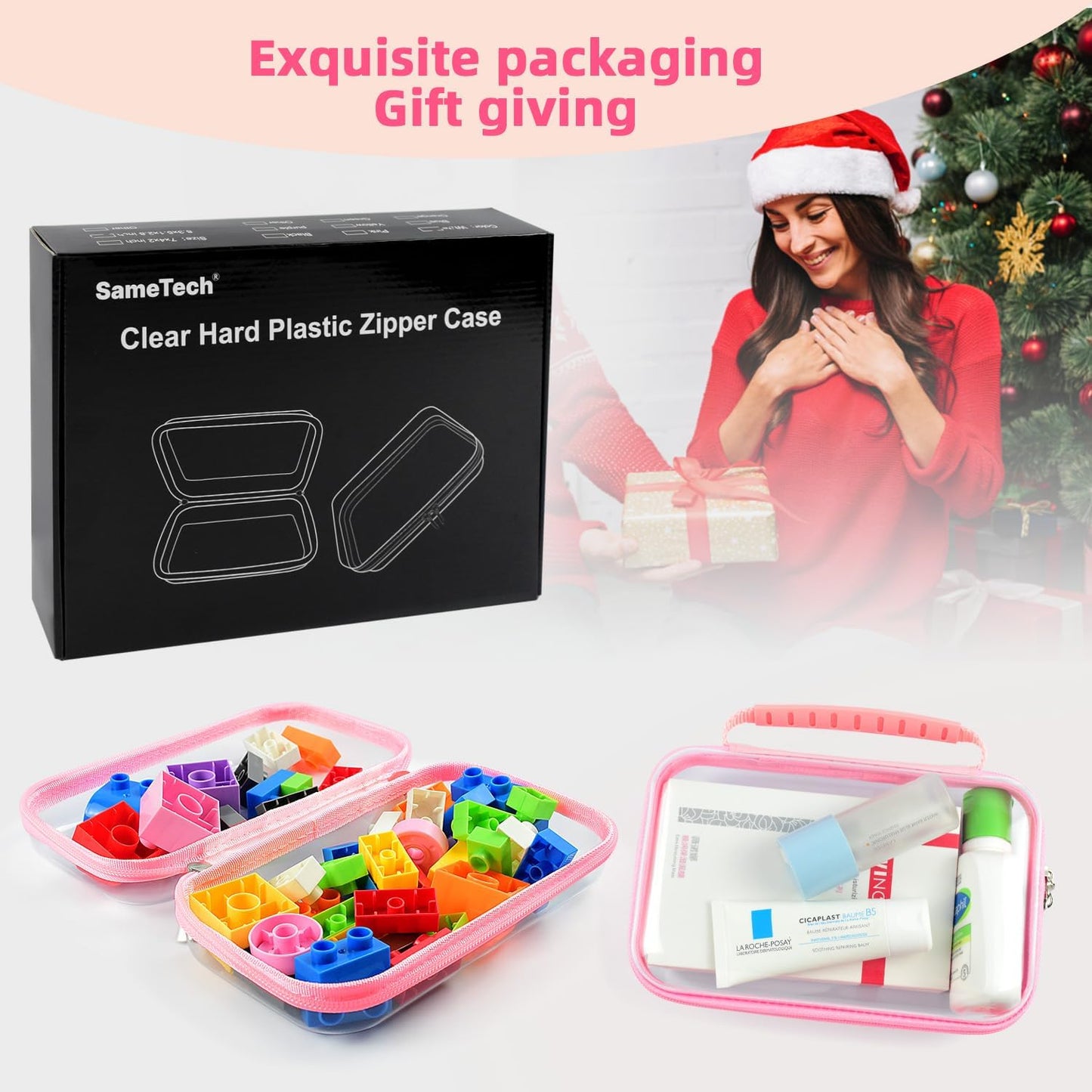 SameTech Zippered Hard Pouch, 2pcs Clear Plastic Storage Box Containers Small Toiletry Bag, Clear Hard Zipper Case for Small Items, Toys, Building Blocks, Puzzles, Cosmetics, Stationery Accessories