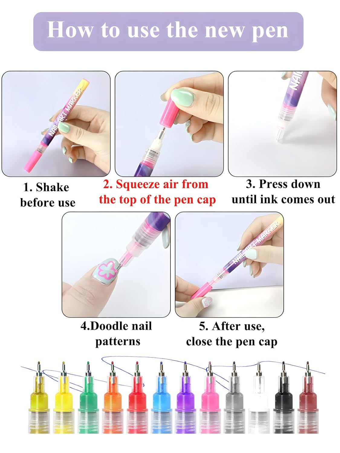 Fine Tips 3D Nail Art Pens, 12 Colors 0.5 MM Nail Marker Pens Nail Point Graffiti Dotting Drawing Painting Liner Pen for Home Salon Quickly Dry Nail Art
