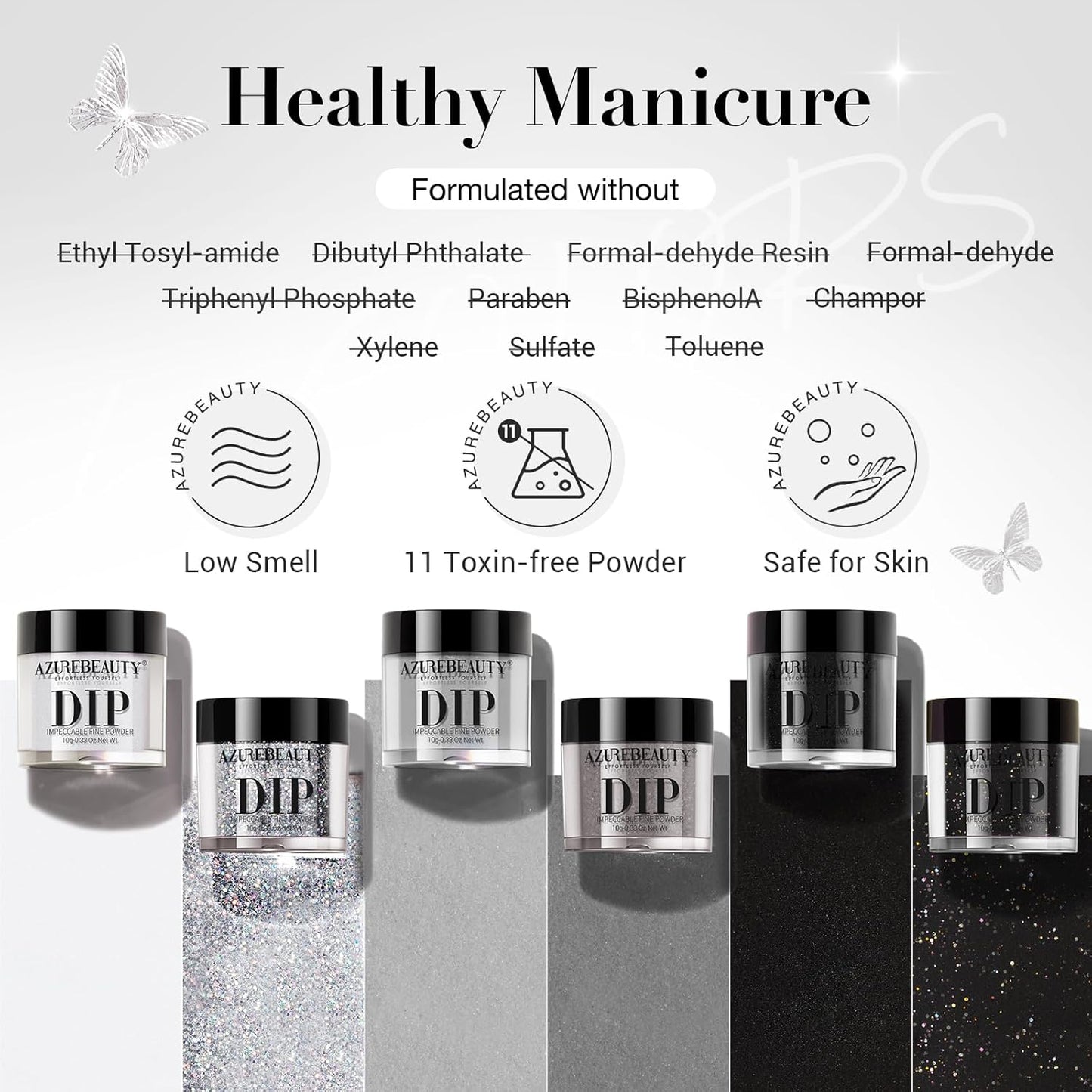 AZUREBEAUTY Dip Powder Nail Basic Set White Black Silver Grey Pure Sparkle 6 Colors All Seasons Dipping Powder Starter Kit French Nail Art Manicure DIY Salon for Women, No Need Nail Lamp Cured