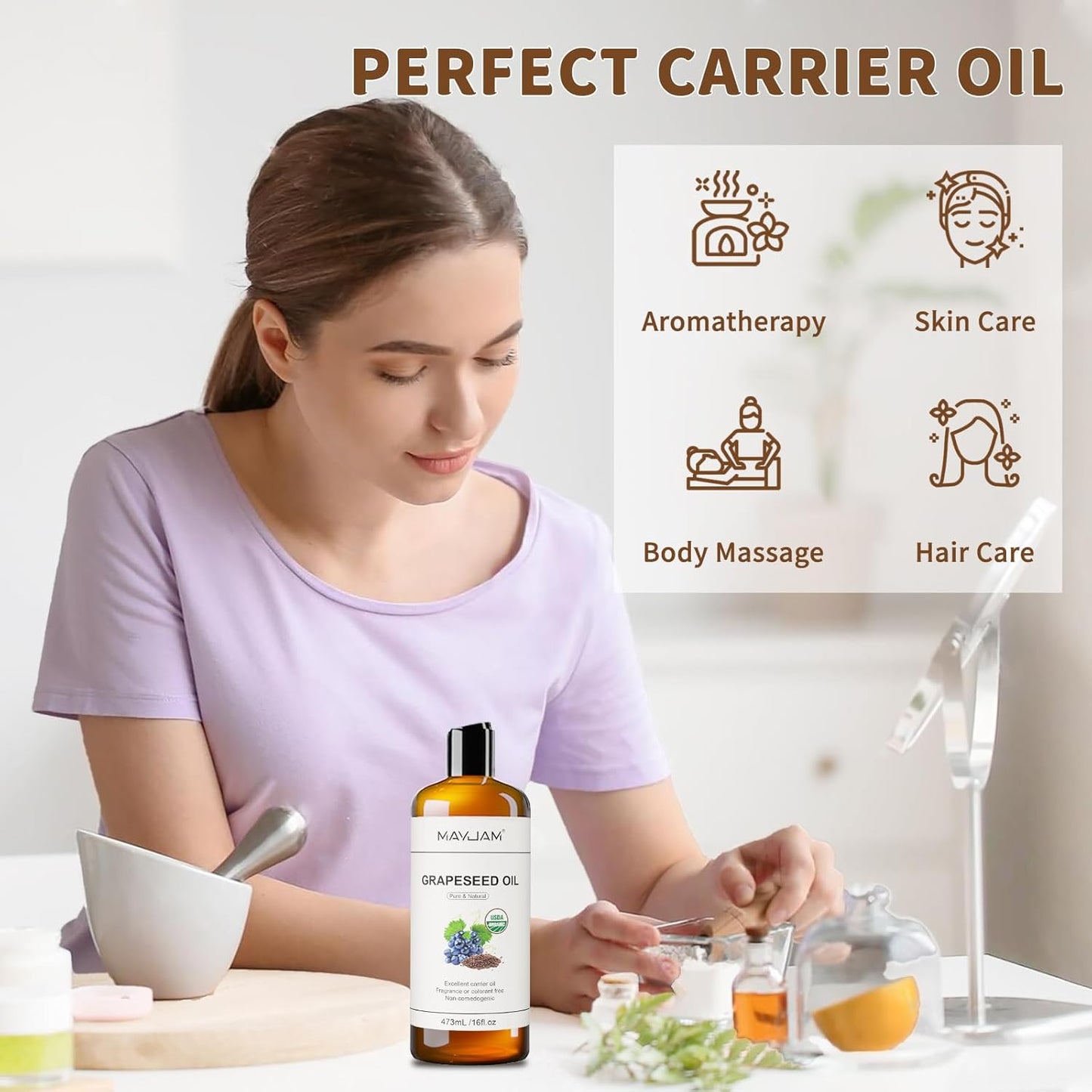 Organic Grapeseed Oil for Skin & Hair 16 oz, USDA Certified 100% Pure & Natural Grape Seed Oils, Cold Pressed Body Massage Carrier Oil for Skin Face Essential Oils Mixing, Hexane Free