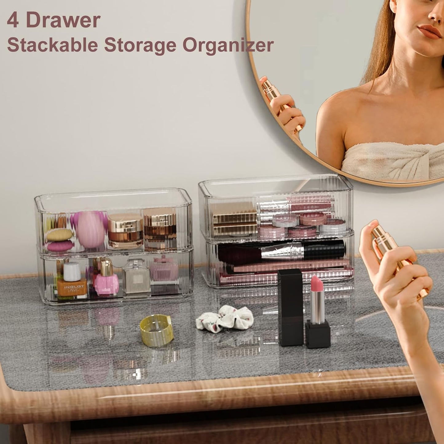 4 Pack Stackable Storage Drawers, Clear Acrylic Makeup Organizer for Vanity, Plastic Storage Bins, Multi-Purpose Cosmetic Display Organizers for Jewelry, Bathroom, Office, Pantry, Home Organization