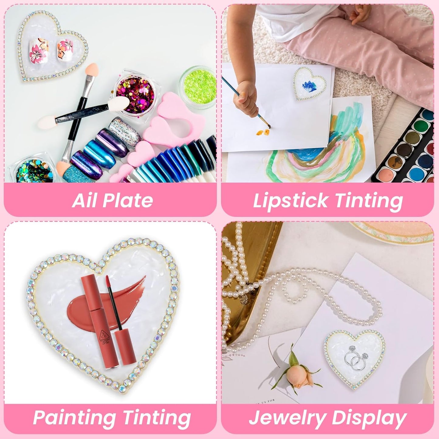 Sibba Resin Nail Art Palette, Golden Edge Nail Mixing Palette with Diamond, Polish Color Mixing Plate, Nail Holder Display Board, Heart Shape Cosmetic Mixing Tools for Women and Girls(White)