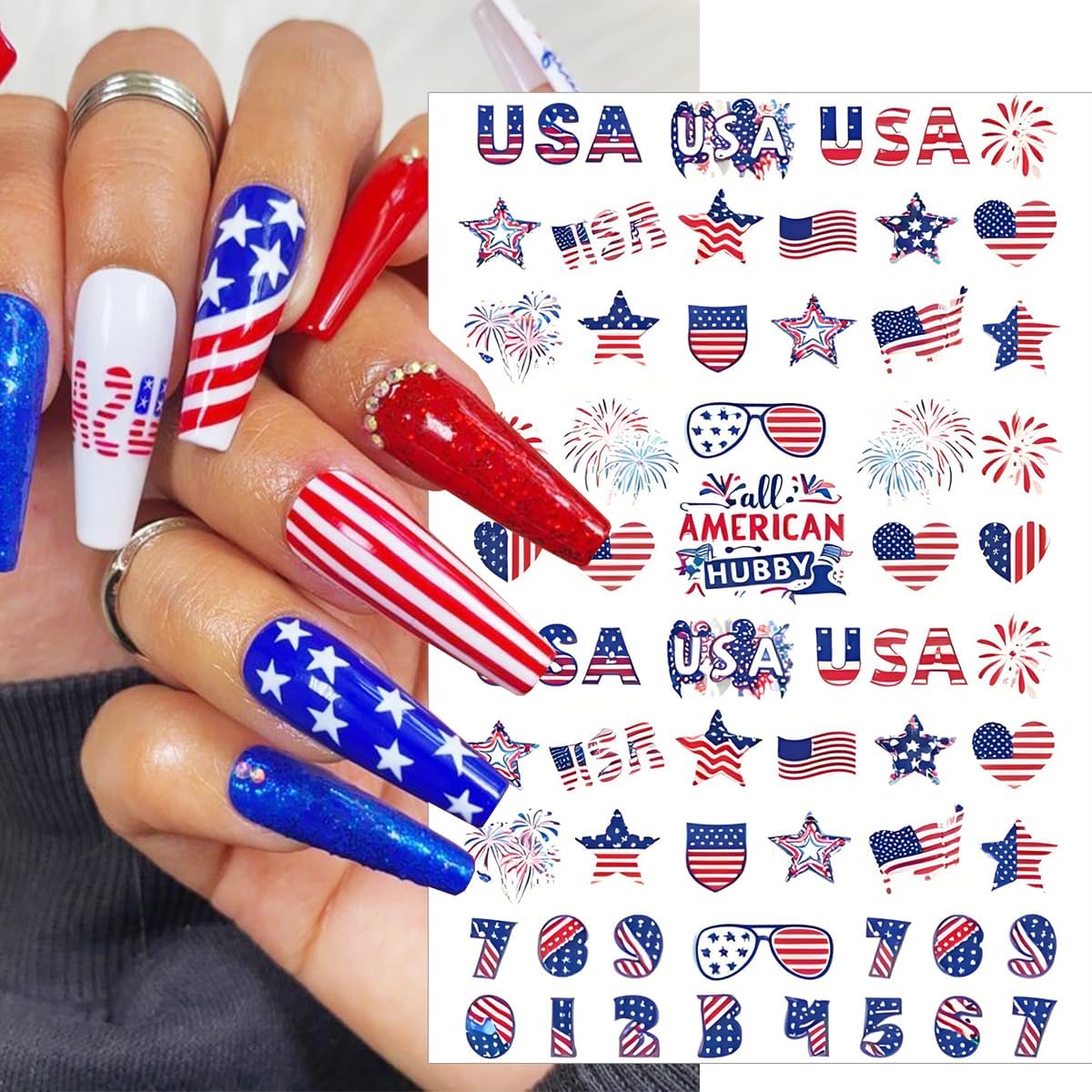 6 Sheets 4th of July Nail Stickers for Nail Art Independence Day Nail Decals 3D Self-Adhesive USA Flag Fireworks Letters Numbers Star Sticker Nail Designs Fourth of July Nails Decoration DIY for Women