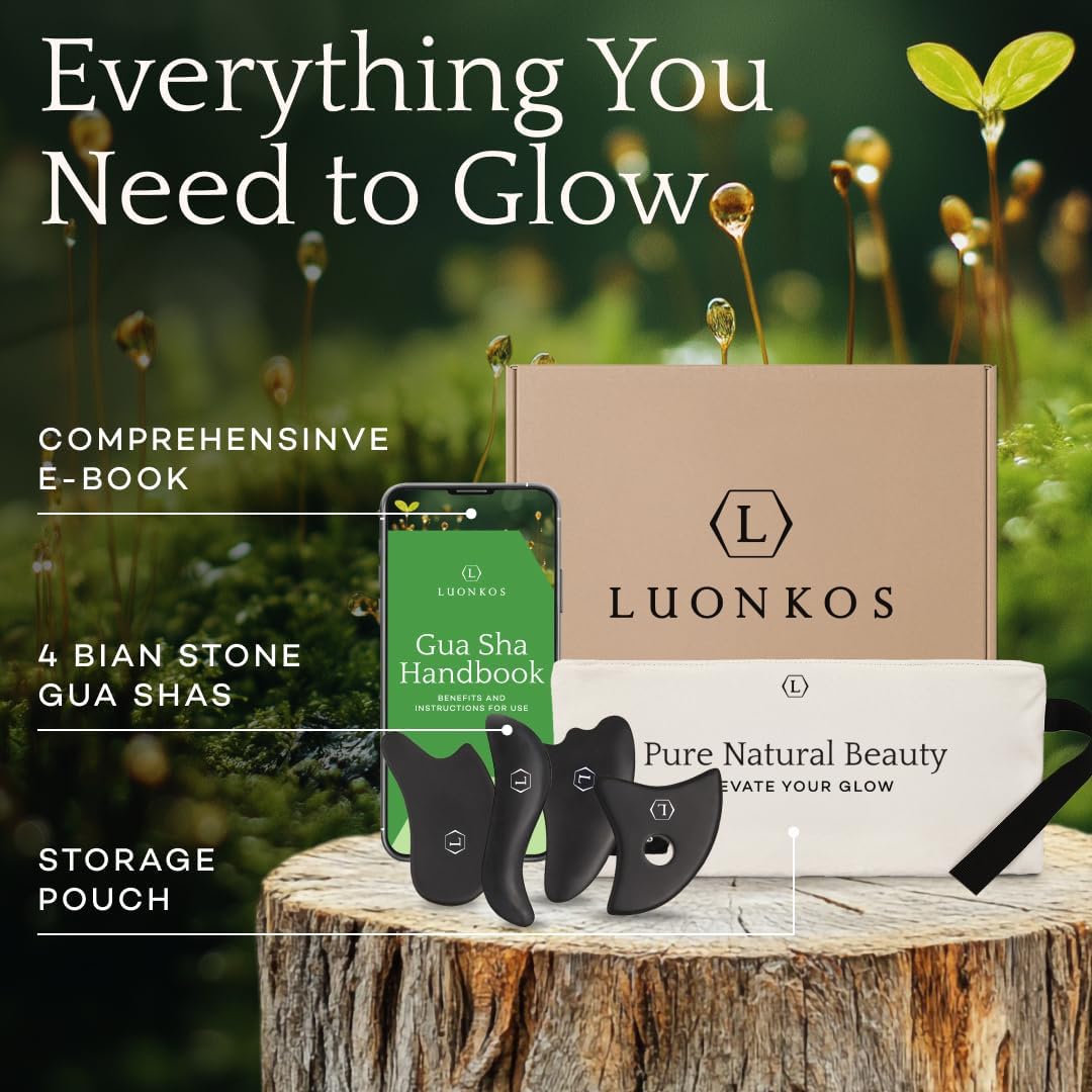 LUONKOS Gua Sha Tools Set - Large Black Bian Stone, 4-Pc - Face & Lymphatic Drainage Massager - Skin Care & Face Sculpting Tool