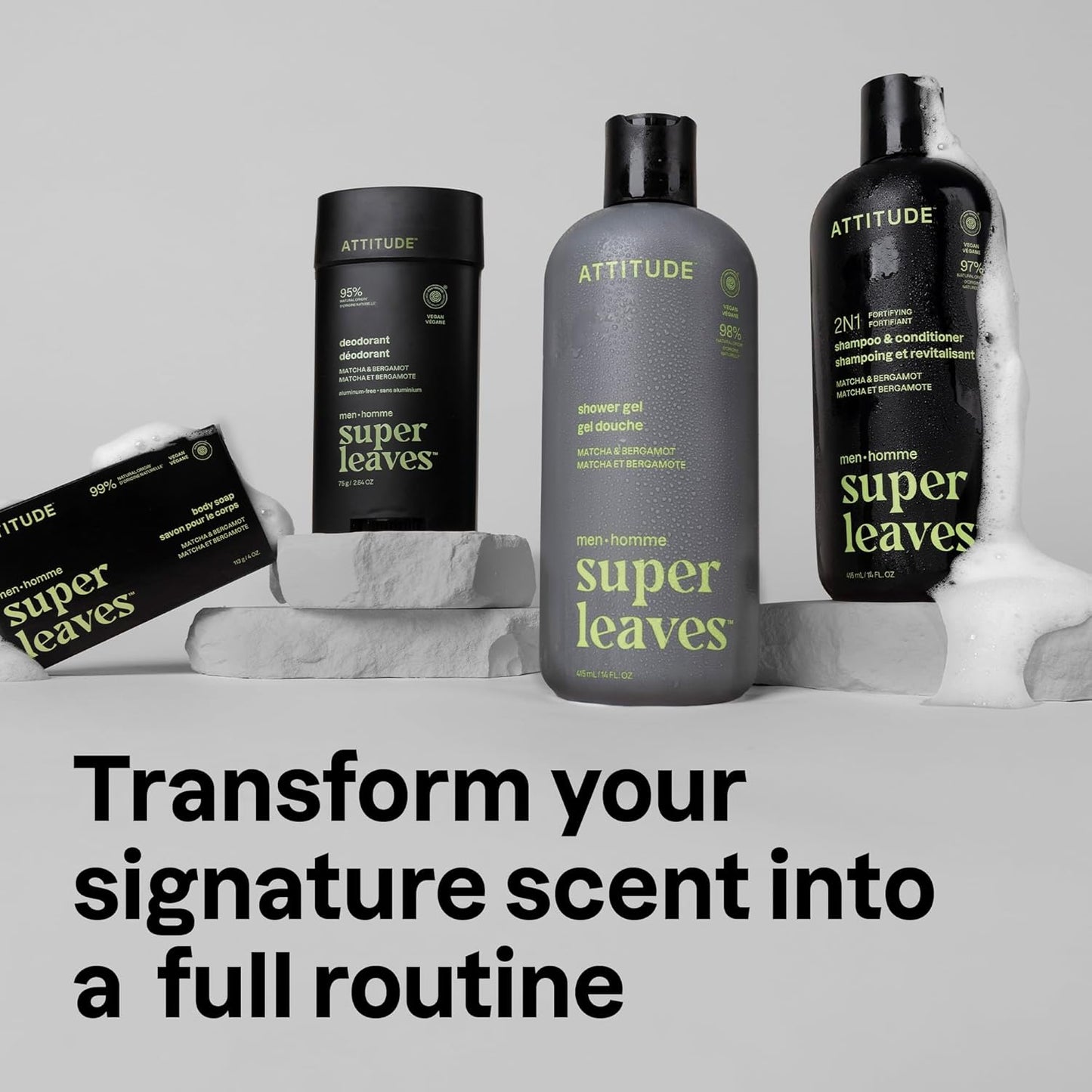 ATTITUDE Men's Shampoo and Conditioner 2-in-1, Fortifying For Fragile Hair, With Caffeine and Green Tea, 97% Natural Origin Ingredients, EWG Verified, Matcha & Bergamot, 14 Fl Oz (Pack of 3)