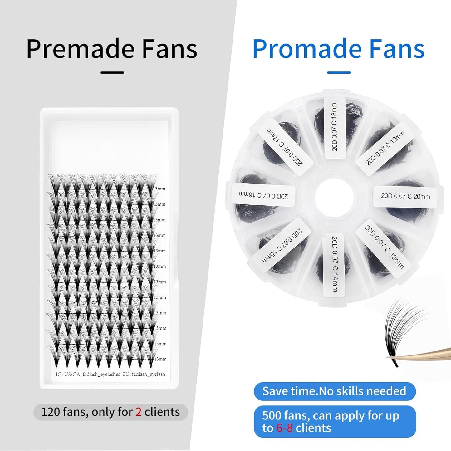 Premade Fans for Eyelash Extension: 20D, Wendy Lashes, Handmade Fans, Pre-made, For Lash-Artists, D, 9-16mm