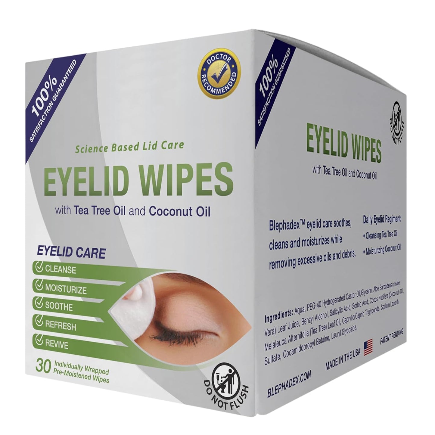 Lunovus Premium Eyelid Wipes With Tea Tree and Coconut Oil - Cleansing Wipes for People Itchy Eyes - Individually Wrapped - Box Of 30 Natural Eye Wipes