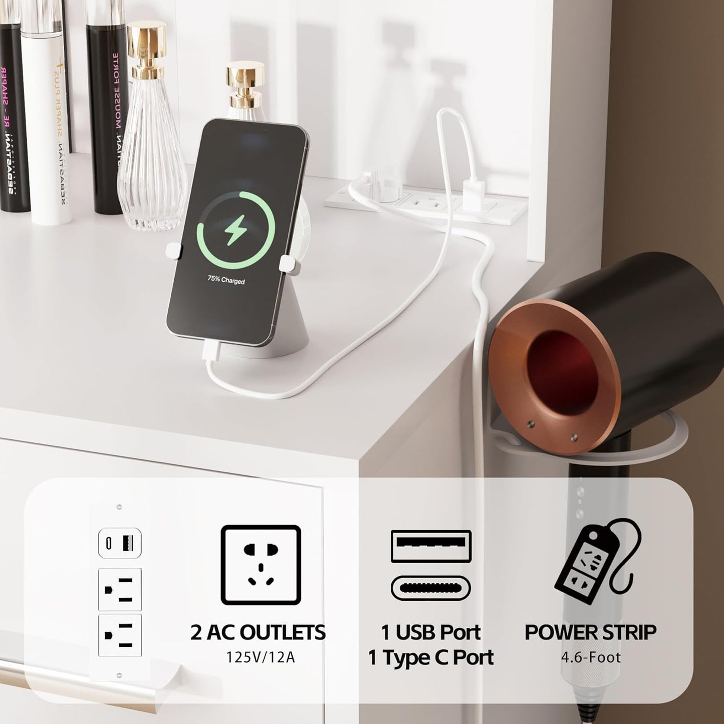 Furmax Vanity Desk with Mirror, LED Lights and Power Outlet Makeup Vanity Table with 7 Drawers and 6 Storage Shelves Dressing Table for Bedroom Dressing Room (White)