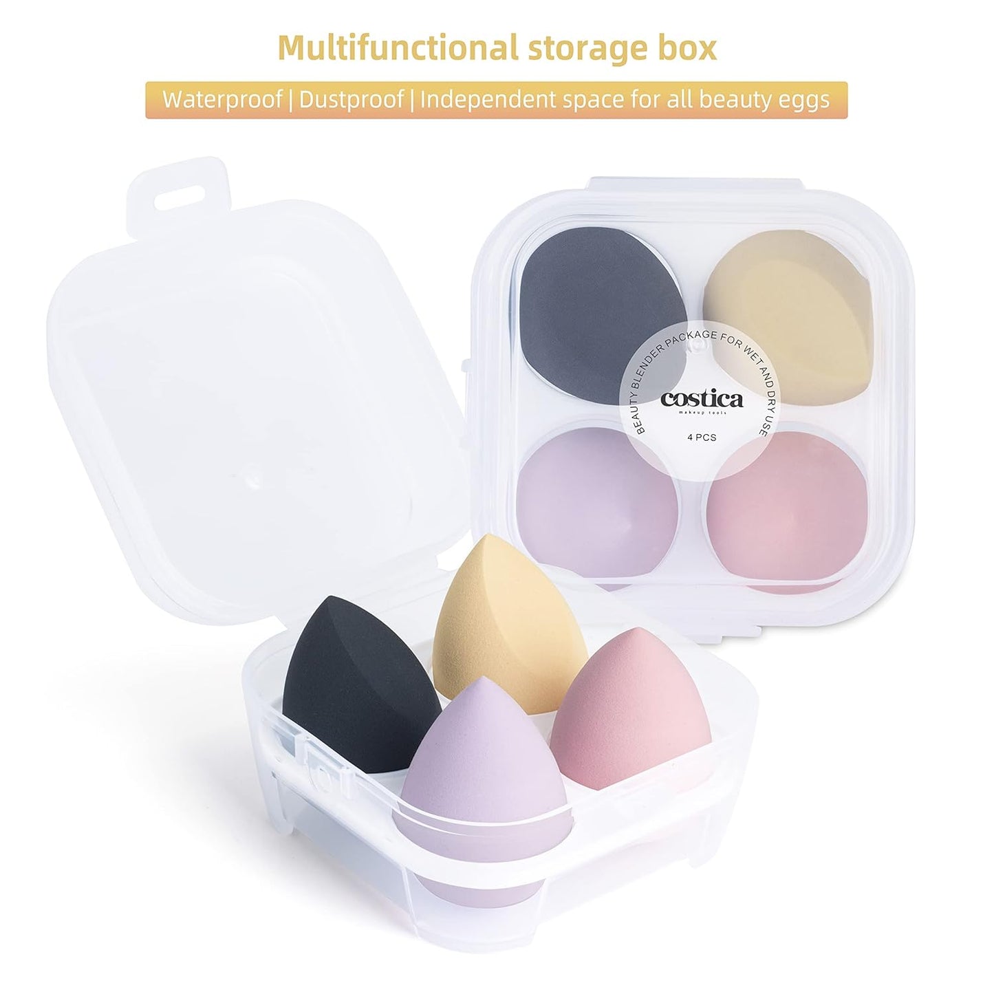 COSTICA Makeup Sponge, 4 Pcs Beauty Blender for Foundation Blending Sponge, Multi-colored Makeup Blender with Storage Box, Flawless for Liquid Cream and Powder