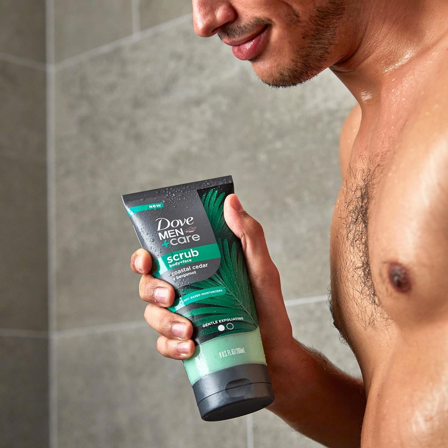 Dove Men+Care Body and Face Scrub Costal Cedar Deeply Exfoliates for Hydrated & Nourished Skin 100% Gentle Cleanser, No Sulfate Cleansers or Parabens, 98% Biodegradable Formula 9 oz