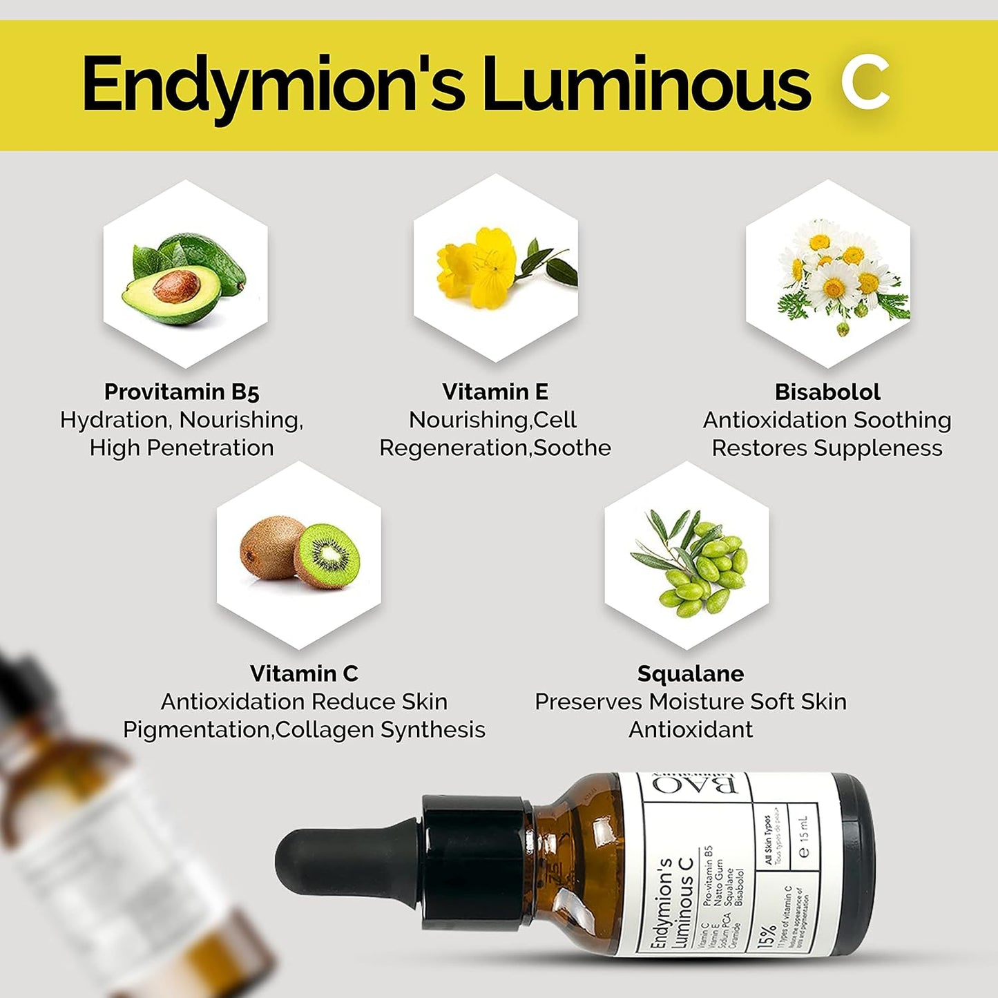 ENDYMION’S LUMINOUS C Face Serum | Bisabolol, Squalane, Vitamin C &E | Multi Vitamin Serum for Brightening, Regenerating And Refreshing Skin| For All Skin Types (15 ML)