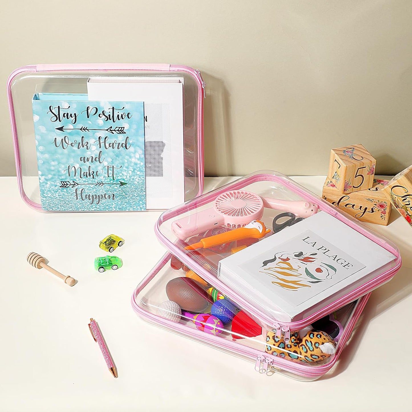 Hoolerry 3 Pcs Clear Hard Zipper Case Plastic Pouch Transparent Hard Case Clear Makeup Bag Portable Travel Organizer Bin for Cosmetics, Building Blocks, Puzzles(Pink,L)