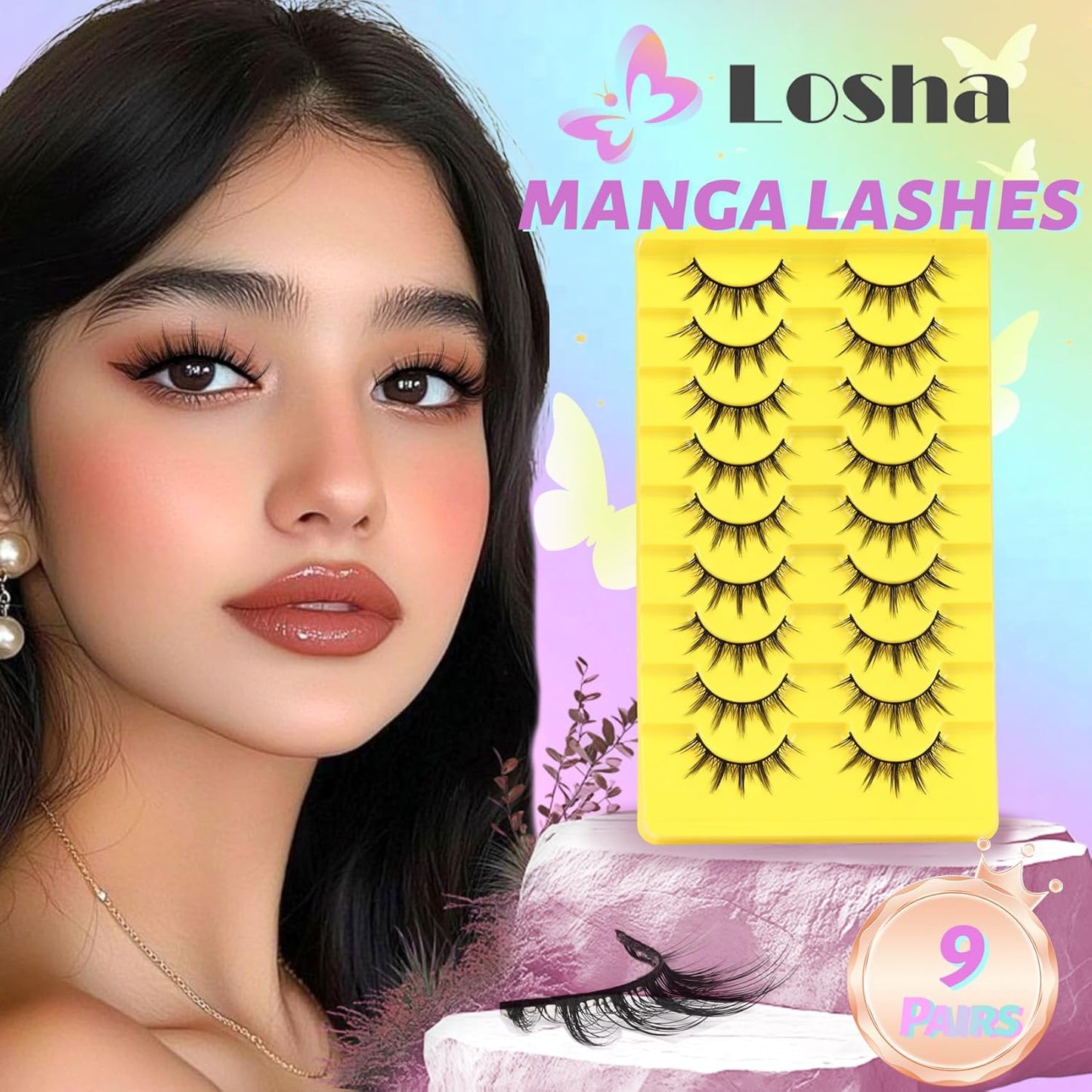 Losha Lashes Wispy Manga Lashes Natural False Eyelashes 9 Pairs Thin Eye Lashes Pack Soft Anime Fake Eyelashes (Manga)