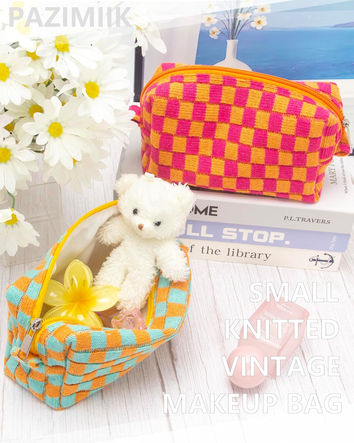 PAZIMIIK Checkered Makeup Bag for Purse Portable Zipper Make Up Pouch Small Cosmetic Case for Travel Accessories Orange Green