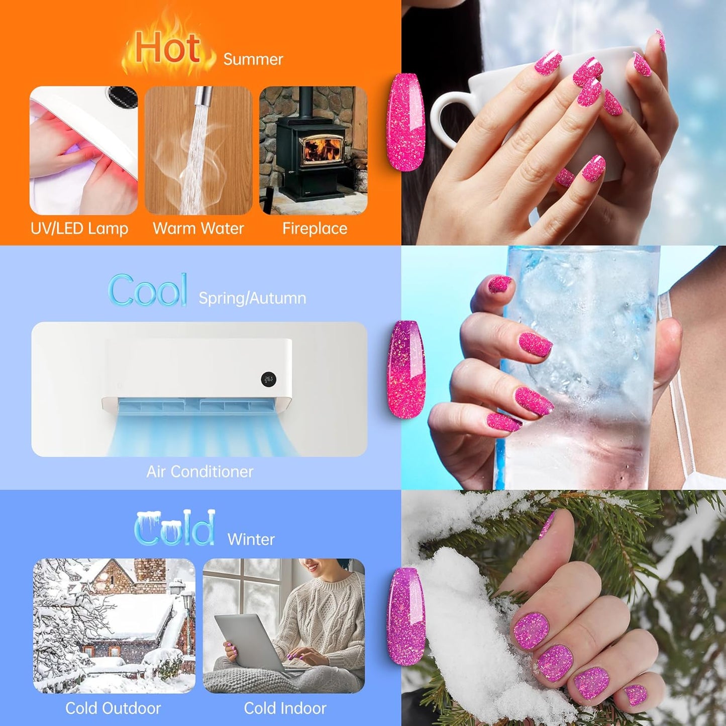 YTD Likomey Brocade Glitter Color Changing Gel Nail Polish,15ml Hot Pink To Violet Shimmer Glitter Mood Temperature Change Colors Iridescent Flakes,Fall Winter Thermal Ombre UV Nail Gel,WB351