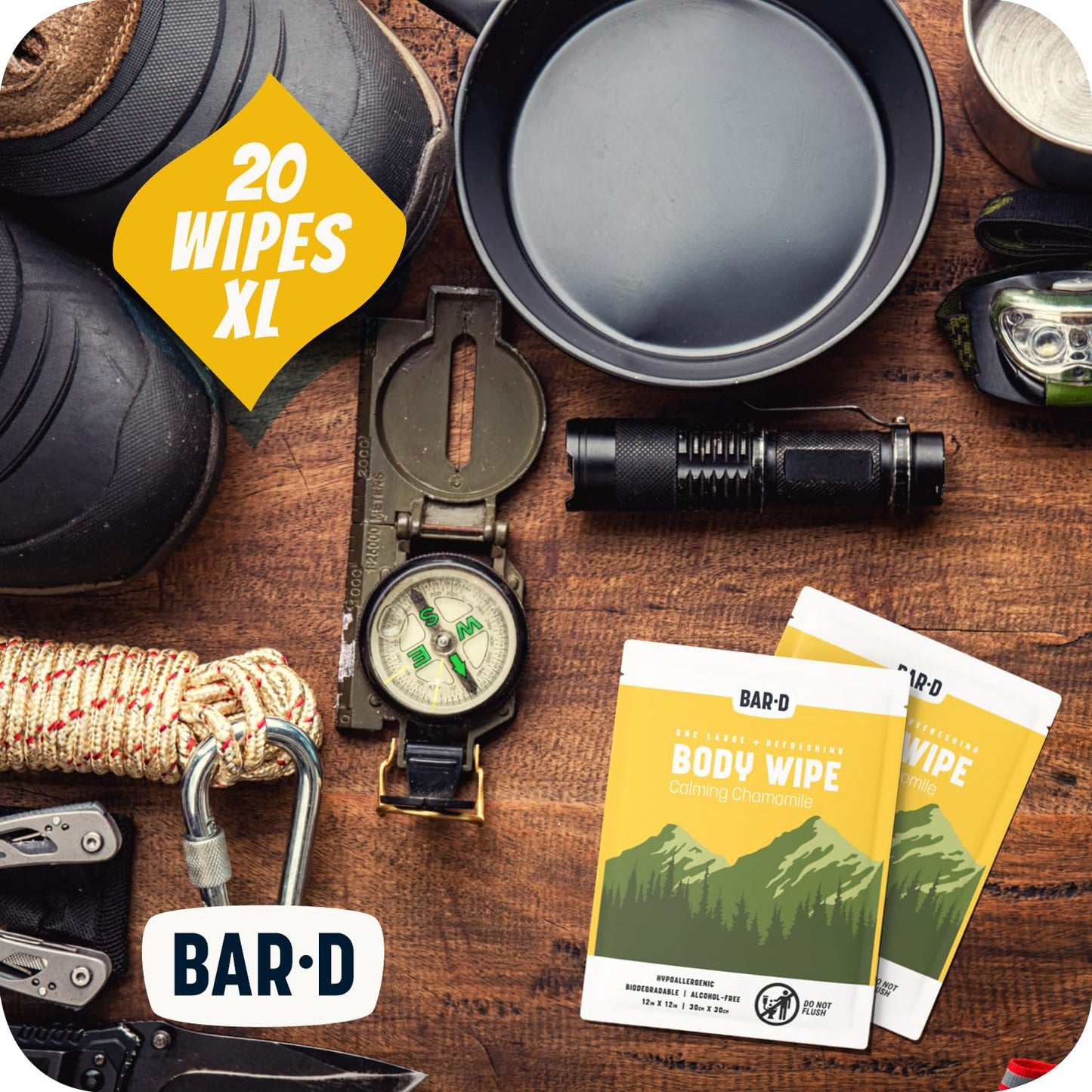 Bar-D Cleansing Face & Body Wipes for Women and Men - Individually Wrapped Biodegradable Shower Wipes with chamomile, 12x12 Inch, Pack of 20 (20 Count/Box), Chamomile scent