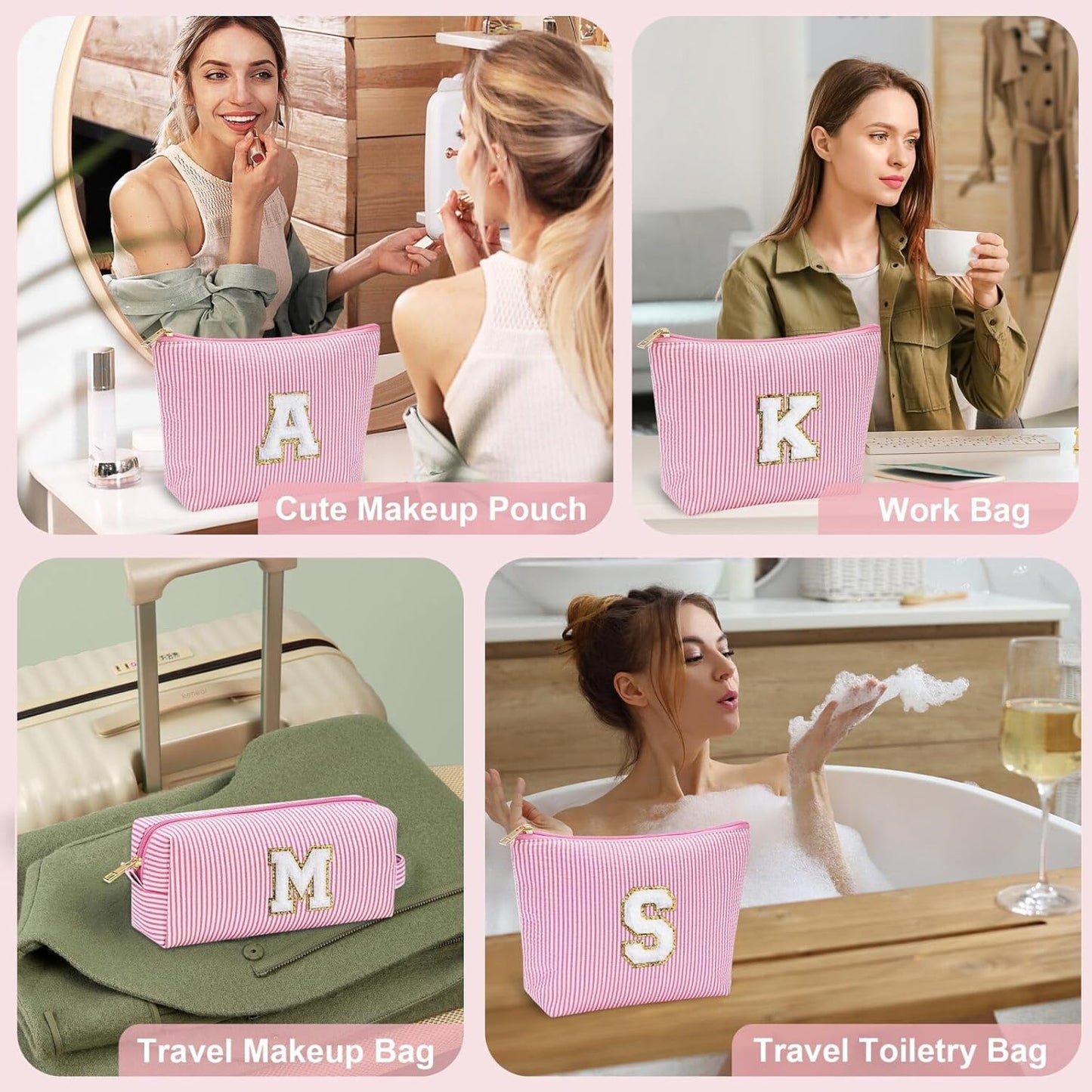 YOOLIFE Birthday Gifts for Girls - Personalized Initial Cute Pink Cosmetic Makeup Bag Pouch Make Up Bags Travel Toiletry Bag for Her Mom Girlfriend Wife Teacher 18th Birthday Gifts for Girls H