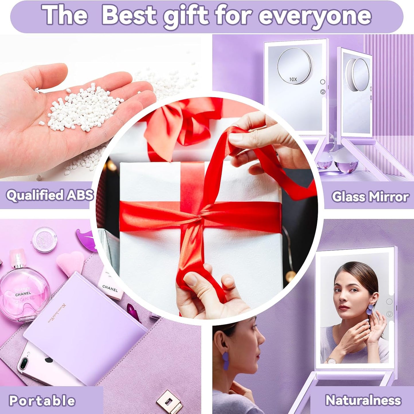 10X Magnifying Lighted Makeup Mirror, Rechargeable, ABS & Glass, Tabletop Mount, 3 Color Lighting, 1200mAh Battery