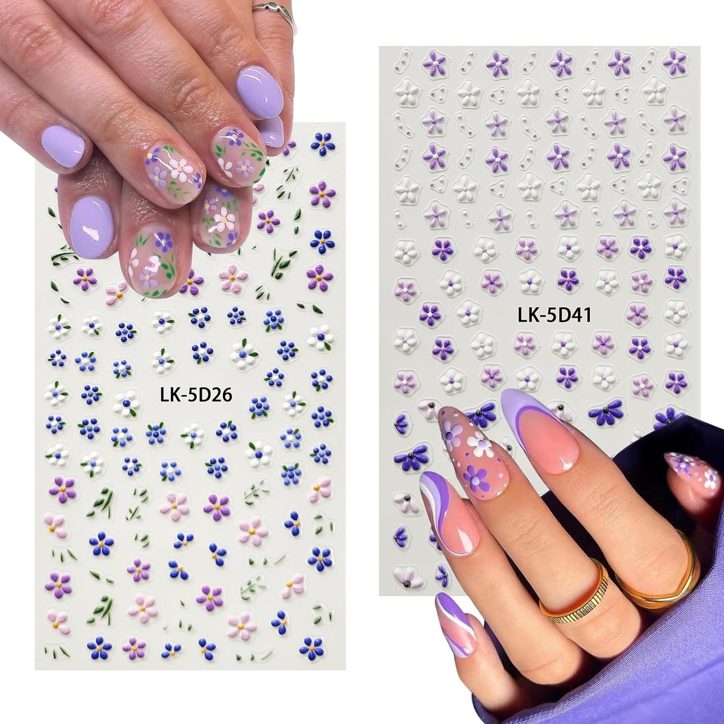 Nail Art Stickers Decals 5D Embossed Flower Nail Decals Self Adhesive Spring Summer Supplies 3D Lavender for Women Nails Design Decoration Purple Red Flower Nails Stickers