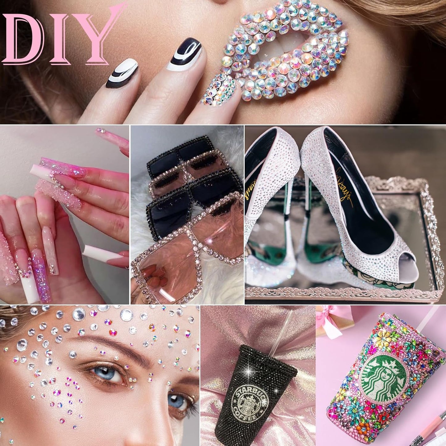 Canvalite 2784Pcs Pink Rhinestones Nail Art Gems with Tools, Flat Back Matte, Plastic, Nail Art, Rhinestones, Tweezer, Double Point Dotting Pen, 5Pcs Jewelry Glues