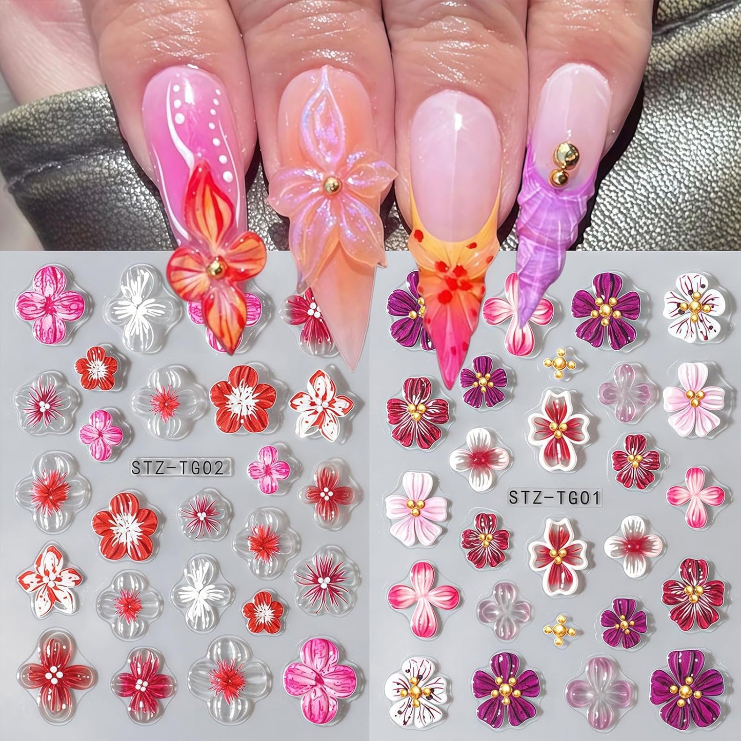 Flower Nail Art Stickers Decals, 4 Sheets 3D Self Adhesive Embossed Flower Nail Decals Nail Art Supplies Designs, Floral Nail Accessories for Women Girls