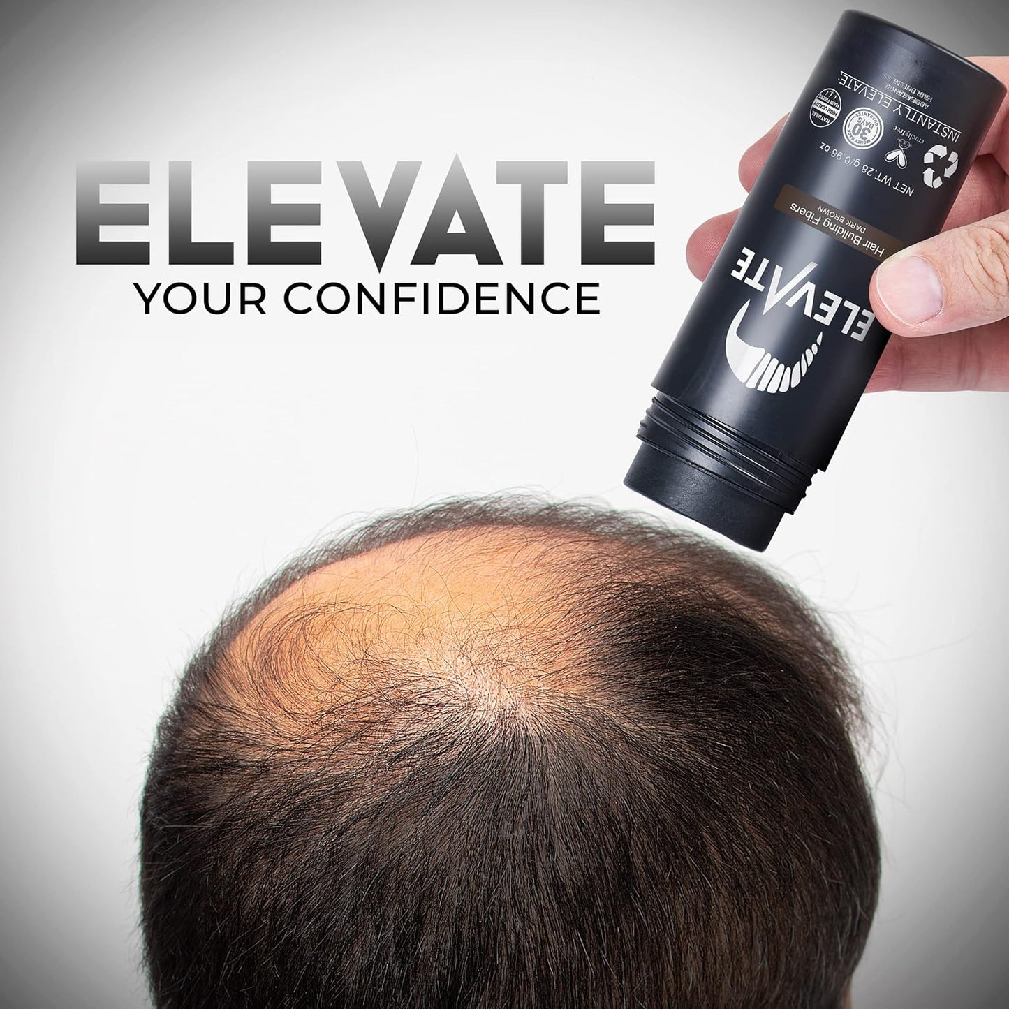 ELEVATE Hair Fibers to Instantly Thicken & Completely Conceal Thinning Balding Areas Loss in 30 Seconds for Men & Women (DARK BROWN) 28g Size - 100% Natural & Undetectable Keratin Fibers